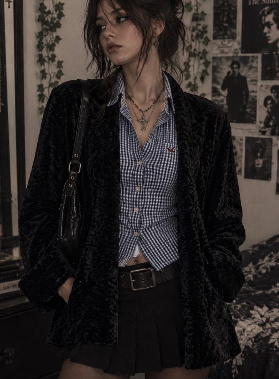 Connected crushed velvet look open cardigan jacket cuffed sleeve gothic Emo S